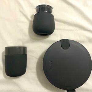 Set of 3 W&P Porter black glass tumbler, insulated wine cup and glass bowl